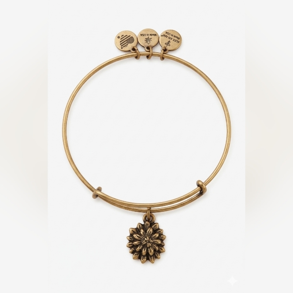 Alex and Ani Gold Tone Water Lily Flower Charm Bangle Bracelet